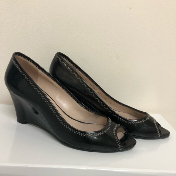 Salvatore Ferragamo Black Patent Open Toe Wedges - Picture 1 of 4